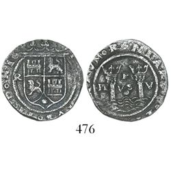 Lima, Peru, 1 real, Philip II, assayer R (Rincon) to left, motto PL-VS-V with dot below, obverse leg