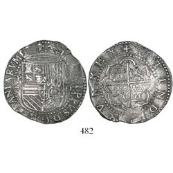 Lima, Peru, cob 4 reales, Philip II, assayer Diego de la Torre, P-4 to left, *-oD to right.