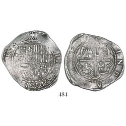 Lima, Peru, cob 4 reales, Philip II, assayer Diego de la Torre, *-(oIIII) to left, P-oD to right.