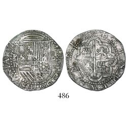 Lima, Peru, cob 2 reales, Philip II, assayer Diego de la Torre, P-ii to left, oD-* to right.