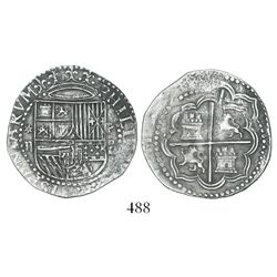 Lima, Peru, cob 2 reales, Philip II, assayer Diego de la Torre, *-ii to left, P-oD to right.