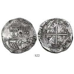 Potosi, Bolivia, cob 8 reales, Philip II, assayer B (3rd period).