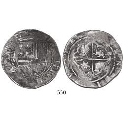Potosi, Bolivia, cob 4 reales, Philip II, assayer M to left, rare.