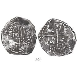 Potosi, Bolivia, cob 4 reales, (16)2(?), assayer not visible, lions and castles transposed in both s