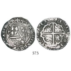 Potosi, Bolivia, cob 2 reales, Philip II, assayer C/erasure, rare.