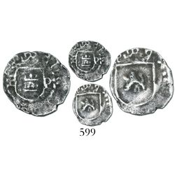 Potosi, Bolivia, cob 1/4 real, Philip II, assayer B to left (5th period), mintmark P to right, borde