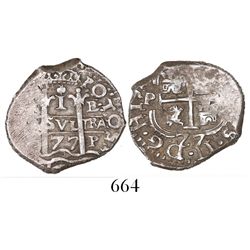 Potosi, Bolivia, cob 1 real, 1677/6E (overdate on cross side only), rare, ex-Mark Bir collection.