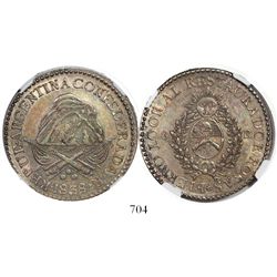 La Rioja, Argentina, 8 reales, 1838R, coin rotation, encapsulated NGC AU 55.