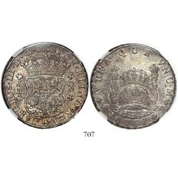 Potosi, Bolivia, pillar 8 reales, Charles III, 1767JR, 4-petal rosettes, rare first date of series, 