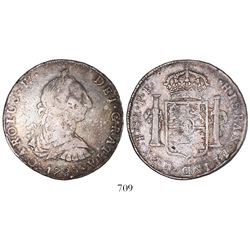 Potosi, Bolivia, bust 8 reales, Charles IV transitional (bust of Charles III, ordinal IV), 1790PR.