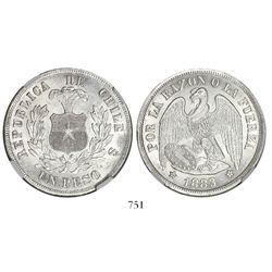 Santiago, Chile, 1 peso, 1883, round-top 3, encapsulated NGC MS 63.