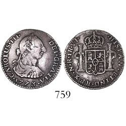Bogota, Colombia, bust 1 real, Charles III, 1773VJ.