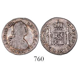 Bogota, Colombia, bust 1 real, Charles IV, 1796/1796JJ.