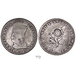 Bogota, Colombia, 8 reales, 1820JF, no mintmark, with pomegranate countermark in center of reverse.