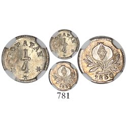 Popayan, Colombia, 1/4 real, 1850, encapsulated NGC MS 63, finest and only specimen in NGC census.