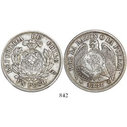 Guatemala, 1 peso, 1894, 1/2 real counterstamp on a Santiago, Chile, 1 peso of 1881.