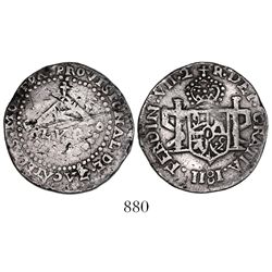 Zacatecas, Mexico, 2 reales provisional, 1811-LVO, flowers and castles, very rare.