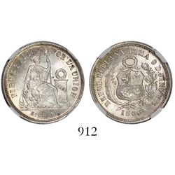 Lima, Peru, 1/5 sol, 1866/5YB, encapsulated NGC MS 65, finest known in NGC census.