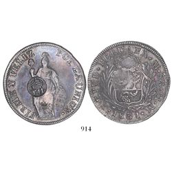 Philippines (under Spain), peso, Isabel II, crowned "Y.II." countermark (1834-37) on a Lima, Peru, 8