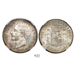 Madrid, Spain, 5 pesetas, Alfonso XII, 1885, with 18-87 inside stars, encapsulated NGC MS 62.
