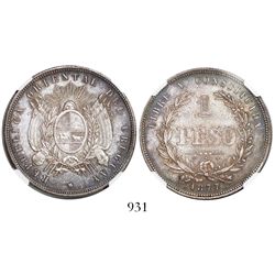 Uruguay, 1 peso, 1877, encapsulated NGC AU 58.