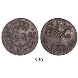 Caracas, Venezuela, copper 1/4 real, 1817, small date.