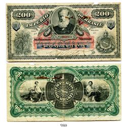 Brazil (Empire), National Treasury banknote for 200 mil reis, older portrait of Pedro II at upper ce