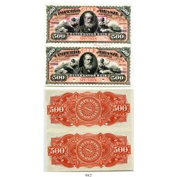 Brazil (Empire), uncut pair of National Treasury specimen banknotes for 500 reis (each), portrait of