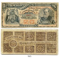 Brazil (Empire), National Treasury banknote for 20 mil reis, portrait of Pedro II at right, estampa