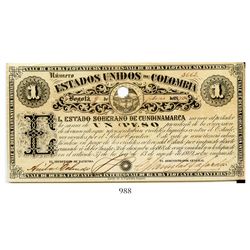 Bogota, Colombia, Estado Soberano de Cundinamarca, uniface 1 peso banknote, dated February 9, 1870,