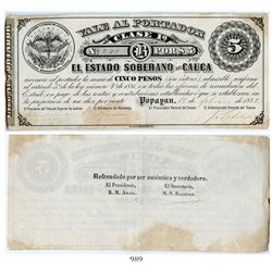Popayan, Colombia, Estado Soberano del Cauca, uniface 5 pesos certificate, dated February 18, 1882,