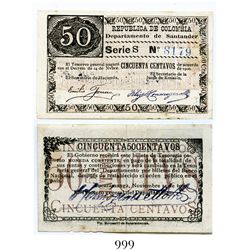 Colombia, Departamento de Santander, 50 centavos banknote, dated November 14, 1900, Series S, number