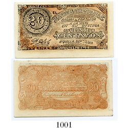 Colombia, Banco de Barranquilla, 20 centavos banknote, dated September 3, 1900.