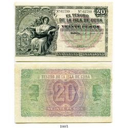Cuba, El Tesoro de la Isla de Cuba, 20 pesos banknote, 1891, number 62799, unsigned type.