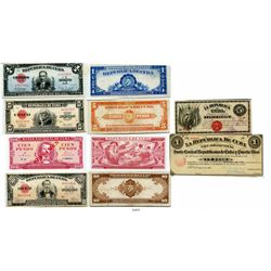 Lot of 6 Republic of Cuba banknotes, as follows: 5 pesos, 1869, Series D, number 10300; Junta Centra