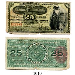 Mexico, Banco de Chihuahua, 25 centavos banknote, 1889, Series A, number 162385.