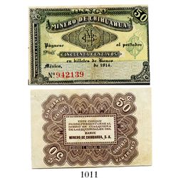 Mexico, Banco Minero de Chihuahua, 50 centavos banknote, 1914, number 942139, rare.