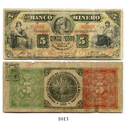 Mexico, El Banco Minero (Chihuahua), 5 pesos banknote, 1910, Series T.3, number 355850.