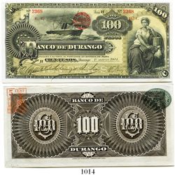 Mexico, Banco de Durango, 100 pesos banknote, small size, 1914, Series H, number 2368.