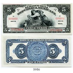 Mexico, El Banco de la Republica Mexicana, 5 pesos specimen banknote, no date (1918), Series 1 (ABNC