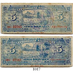 Venezuela, Leproserias Nacionales, 5 bolivares banknote, Series C (1940), number 02565.