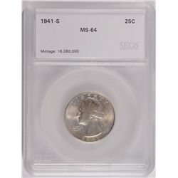 1941-S WASHINGTON QUARTER, SEGS MS-64