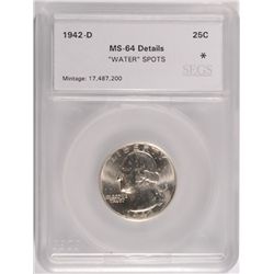 1942-D WASHINGTON QUARTER, SEGS MS-64 DETAILS water spots