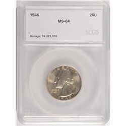 1945 WASHINGTON QUARTER, SEGS MS-64