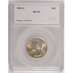 1946-S WASHINGTON QUARTER, SEGS MS-63