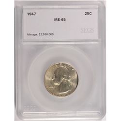 1947 WASHINGTON QUARTER, SEGS MS-65 GEM