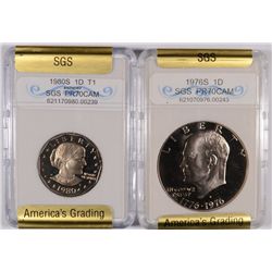 1976-S PROOF EISENHOWER SGS PR-70 CAM, & 1980-S SUSAN B ANTHONY SGS PR-70 CAM