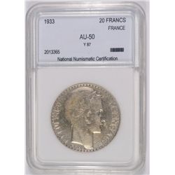 1933 FRANCE 20 FRANCS NNC AU-50