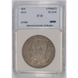 1876 BELGIUM 5 FRANCS NNC XF-40