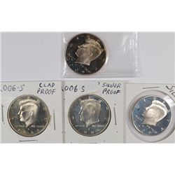 PROOF KENNEDY HALF DOLLARS 2009-S SILVER, 2006-S SILVER, 2009-S CLAD,2006-S CLAD